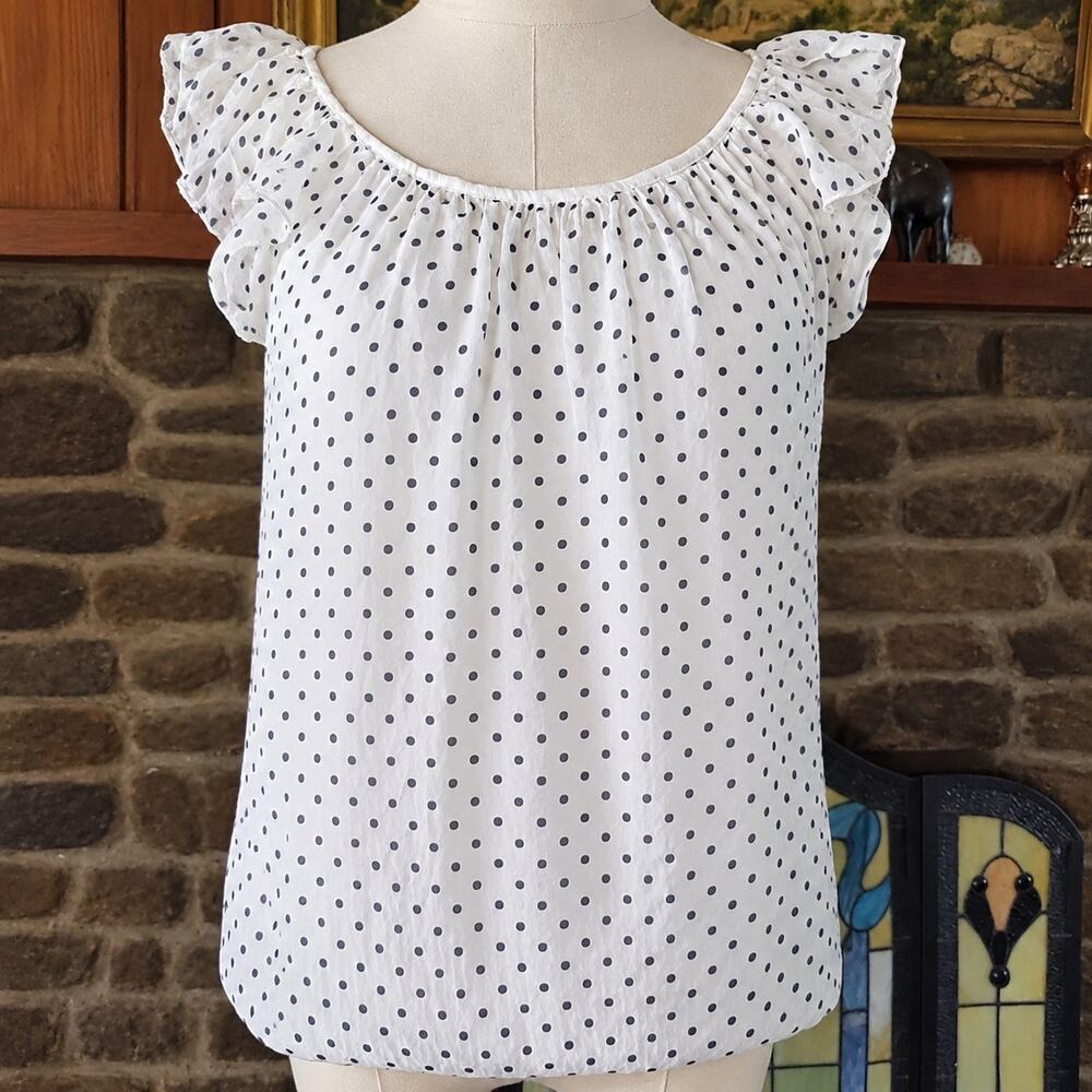 Luisa Ricci 100% Silk Blouse Small White Polka Dot Ruffle Peasant Top Italy